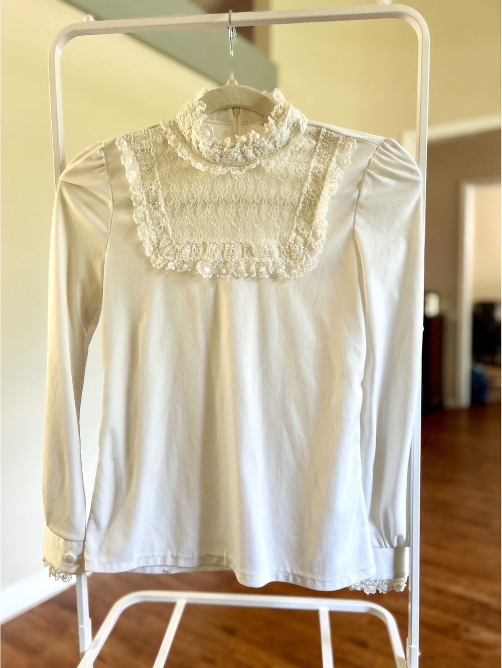 Chanel Vintage White Lace High Neck Long Sleeve Top